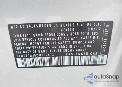 2013 Volkswagen Jetta 2.5L Se z USA, uszkodzony, nr VIN 3VWDP7AJ5DM367473